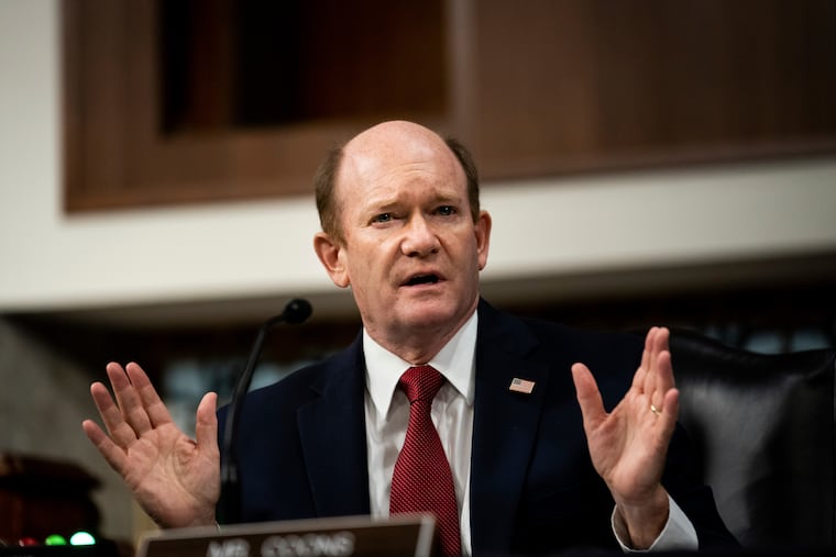 Sen. Chris Coons, D-Del., speaks during a Senate Judiciary Committee oversight hearing on Capitol Hill in Washington, Wednesday, Aug. 5, 2020, to examine the Crossfire Hurricane investigation.