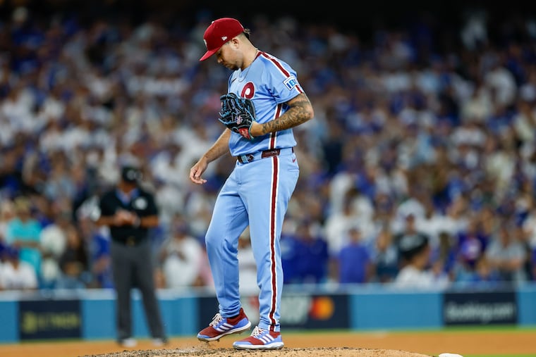 Phillies reliever Orion Kerkering kicks the dirt during the 11th inning of the NLDS against the Los Angeles Dodgers on Thursday.