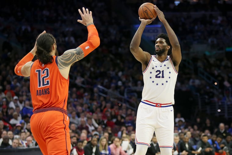 Joel Embiid shoots past the Thunder's Steven Adams during the Sixers' loss on Saturday. Playing through Embiid gives the Sixers their best chance to beat the Rockets on Monday night.