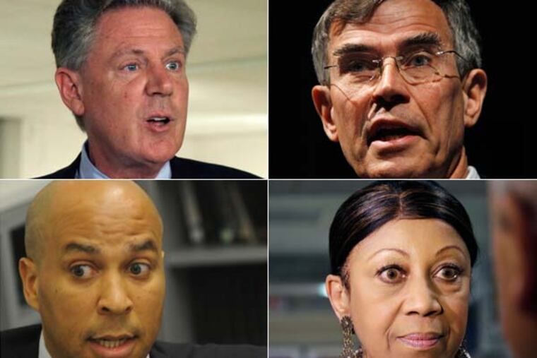 The four New Jersey Democratic candidates for Senate(starting clockwise top left) U.S. Rep. Frank Pallone, U.S. Rep. Rush Holt, Assembly Speaker Sheila Oliver and Newark, N.J., Mayor Cory Booker.