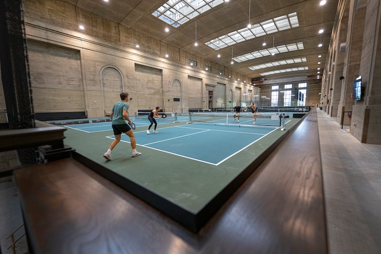 A game of indoor pickleball at Ballers, a new sports complex with a sports bar in Fishtown.