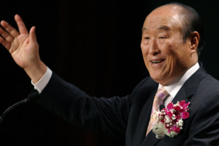 FILE - In this Saturday, June 25, 2005 file photo, Unification Church leader Rev. Sun Myung Moon speaks during his "Now is God's Time" rally in New York. Moon, self-proclaimed messiah who founded the Unification Church, has died at age 92 church officials said Monday, Sept. 3, 2012. (AP Photo/John Marshall Mantel)