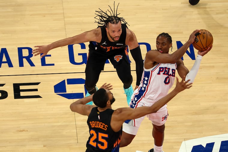 Tyrese Maxey (right) has had a tough time getting past Mikal Bridges during their second-round series.