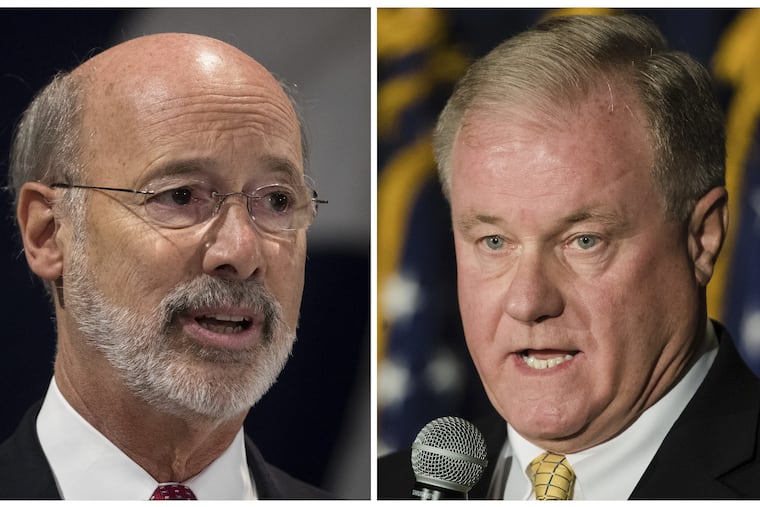 Gov. Tom Wolf, left, and Republican Scott Wagner will share the stage tonight in the first and only debate of the Pennsylvania governor's race. The debate is to be moderated by game show host Alex Trebek.