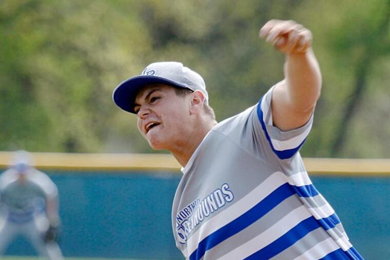 JHADD11 - Northern Burlington HS pitcher, Zach Gakeler is pitching
during the game.
05-10-2014( AKIRA SUWA / Staff Photographer )
Diamond Classic Haddonfield HS vs. Northern Burlington HS at Overbrook
HS