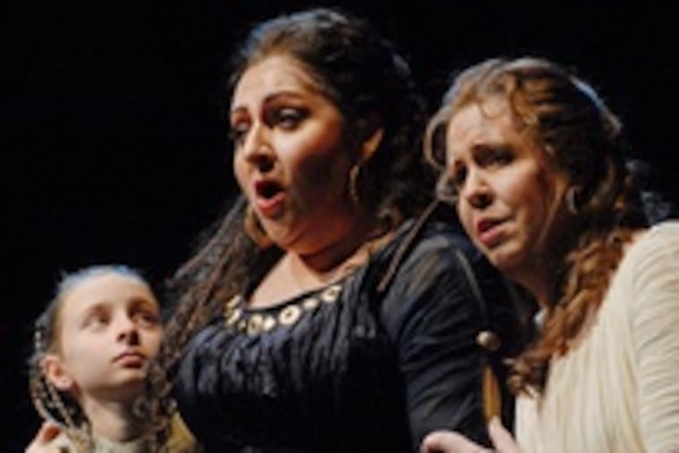 Christine Goerke (center) stars as Norma, mezzo-soprano Kristine Jepson (right) sings Adalgisa, with Amadea Martino-Smith (left) and Theadora Smith-Martino.
