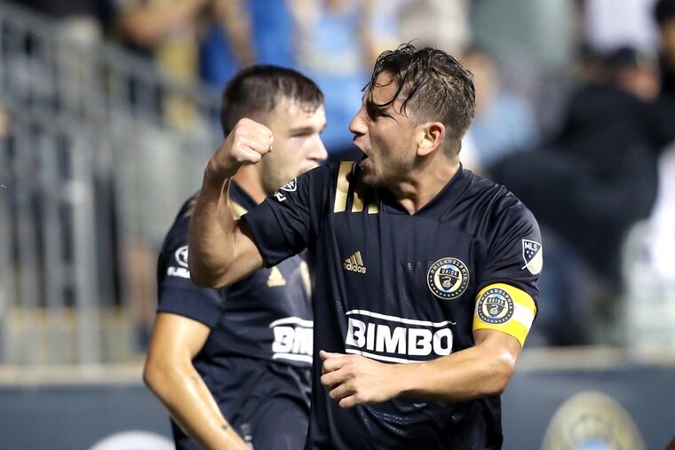 Alejandro Bedoya, right, of the Philadelphia Union celebrates his goal against the New York City Football Club on Wednesday. It was the only goal of the match.