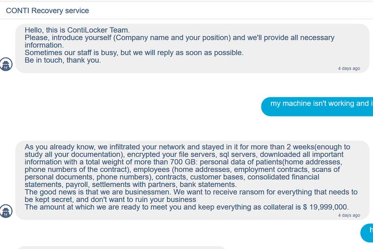 Screenshot made on Tuesday May 18, 2021 showing part of the ransom negotiation page on the darknet site of Conti, a Russian-speaking ransomware group, demanding $20 million from Ireland's publicly funded health care system. Ireland's health system struggled to restore computers and treat patients Tuesday, four days after it shut down its entire information technology system in response to a ransomware attack by Conti. (Photo via AP)