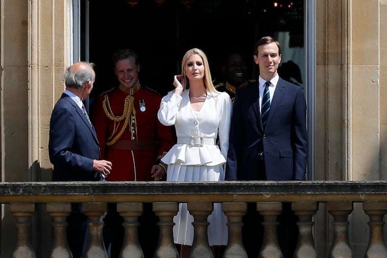 Jared Kushner, right, and Ivanka Trump, second right, watch from a window before a ceremonial welcome in the garden of Buckingham Palace in London for President Donald Trump and first lady Melania Trump, Monday, June 3, 2019 on the opening day of a three day state visit to Britain.