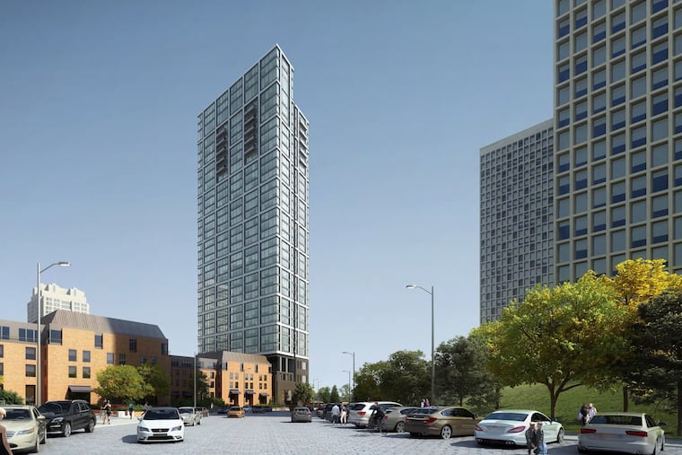 This image shows the relationship of the the proposed Dock Street tower to the iconic Society Hill Towers.