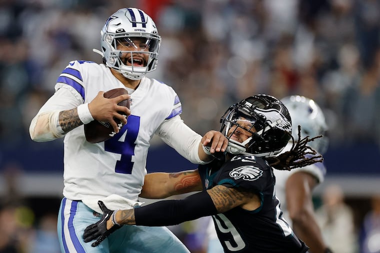 Philadelphia Eagles cornerback Avonte Maddox takes down Dallas Cowboys quarterback Dak Prescott in the second quarter as the Eagles play the Dallas Cowboys on Saturday, Dec. 24, 2022, in Dallas at AT&T Stadium in Arlington, Texas.