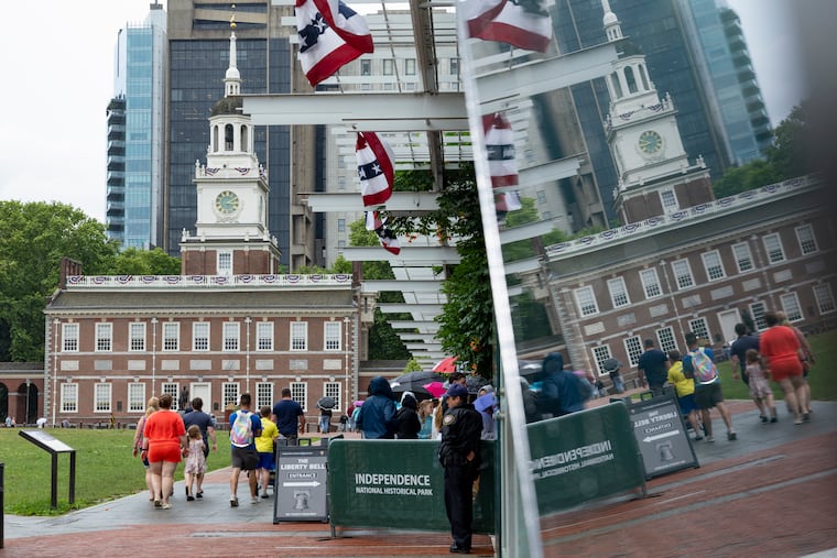 Independence Hall is reflected through a monitor outside of the President’s House in Philadelphia, Pa on Tuesday, June 23, 2026.
