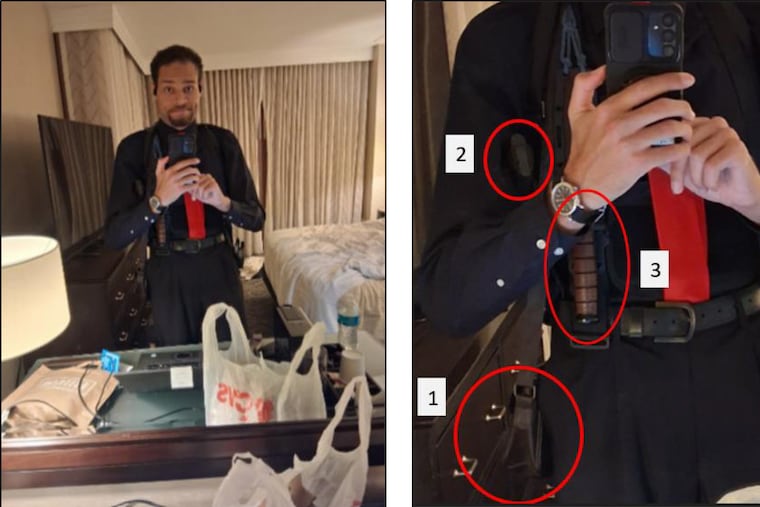 This image contained in a court filing by the Department of Justice, April 29, 2026, shows Cole Tomas Allen, left, inside his hotel room, on Saturday, April 25, 2026 in Washington, using his cellphone to take a photograph of himself in the mirror. An enhanced version of the image is right.