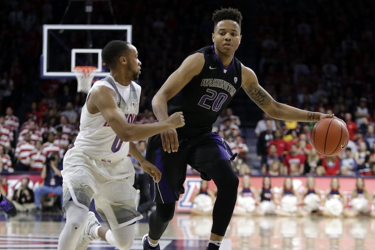 Sixers guard Markelle Fultz (20) when he played for Washington, during the second half of an NCAA college basketball game against Arizona, Sunday, Jan. 29, 2017, in Tucson, Ariz. Arizona defeated Washington 77-66. (AP Photo/Rick Scuteri)
