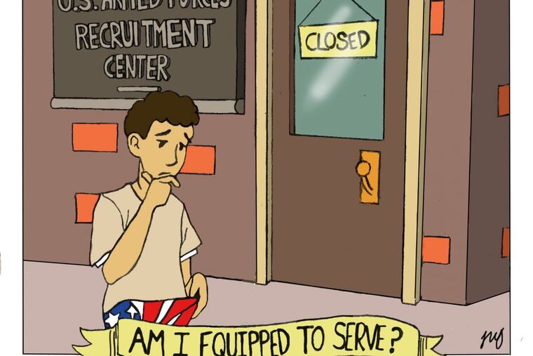 Natasha Yeso, a freshman at Temple’s Tyler School of Art, took first place in the contest with a cartoon about the dilemma posed by the military’s shifting rules for gay and transgender recruits.