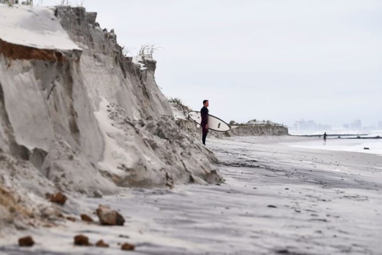 Beach erosion caused by the recent nor’easter is seen near 4th Street and the Boardwalk in Ocean City, N.J., on Tuesday, Oct. 14.