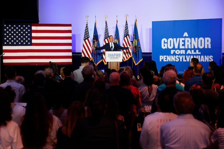 Gov. Josh Shapiro addresses supporters adding a primary night party in Warminster, Tuesday, May 19, 2026