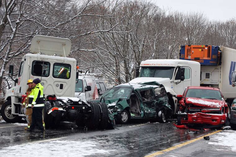 Wreckage on I-78 near Exit 40 in Berks County after an accident reported at 8:45 a.m., when snow was falling hard.
