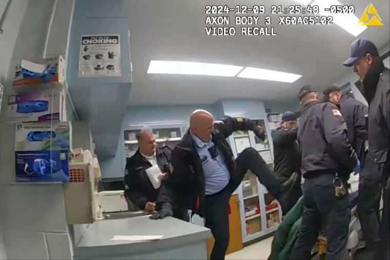 This image provided by the New York State Attorney General's office shows body camera footage of correction officers beating a handcuffed man, Robert Brooks, at the Marcy Correctional Facility in Oneida County, N.Y., in 2024.