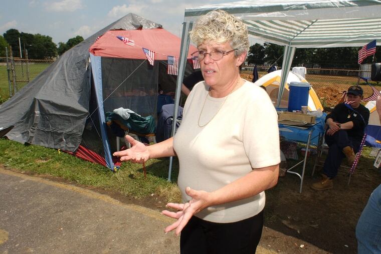 Then-Darby Mayor Paula Brown talks to the media in June 2004 during a vigil she was keeping while the Borough Council was trying to move her.