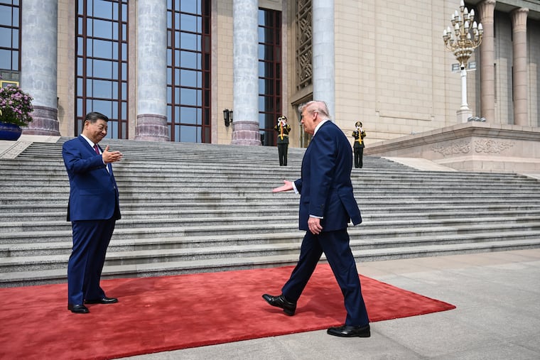 President Xi Jinping of China greets President Donald Trump outside the Great Hall of the People in Beijing during their two-day summit on May 14. Trump’s warming with Xi, a leader he admires, has ignited anxieties in Washington and across Asia.