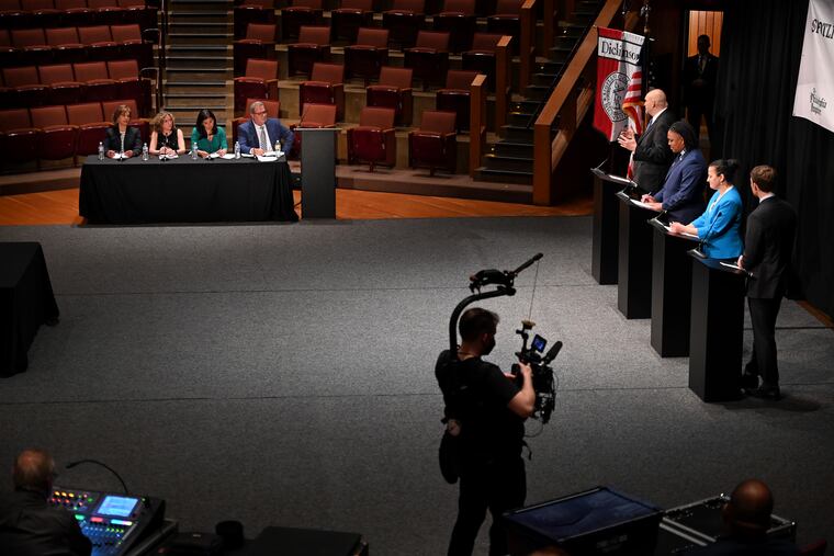 U.S. Senate candidates Lt. Gov. John Fetterman; State Rep. Malcolm Kenyatta; Jenkintown Borough Councilmember Alex Khalil; U.S. Rep. Conor Lamb; and the panel of journalists,