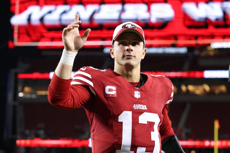 Brock Purdy, the last player picked in the 2022 draft, leads the NFL in completion percentage, passer rating, and yards per attempt this season.