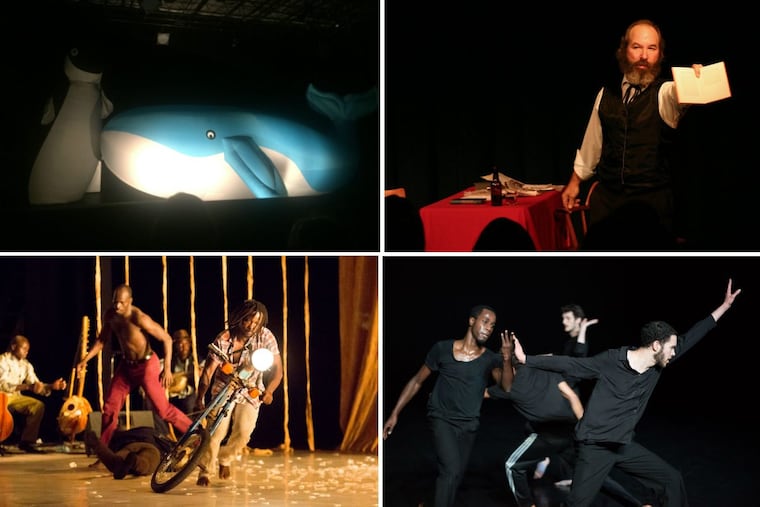 (From upper left corner clockwise): Homemade yet international at Philly Fringe 2017: Penguin and whale in “A Billion Nights on Earth”; Bob Weick in “Marx in Soho”; the cast of “A Love Supreme”; and the cast of “Declassified Memory Fragments.”