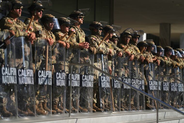 California National Guard troops positioned at the Federal Building in downtown Los Angeles on June 10, 2025.