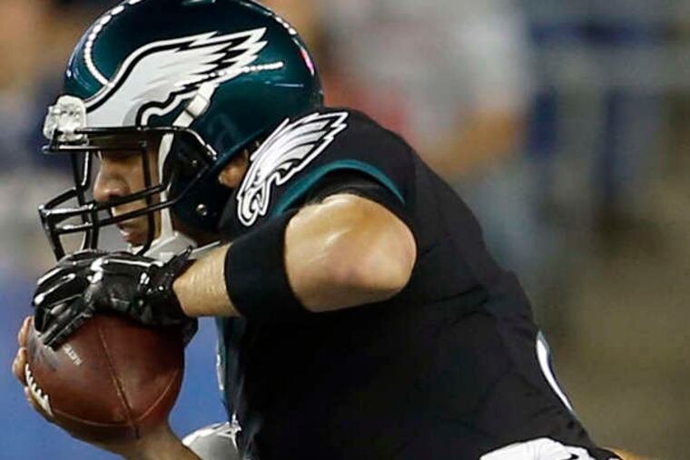 The Patriots' Rob Ninkovich sacks Nick Foles during the Eagles' second possession. Foles finished 8 for 10 for 81 yards and a touchdown.