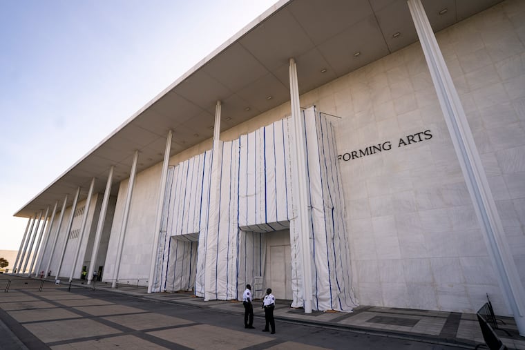 Scaffolding and tarps outside the Kennedy Center in Washington in June.