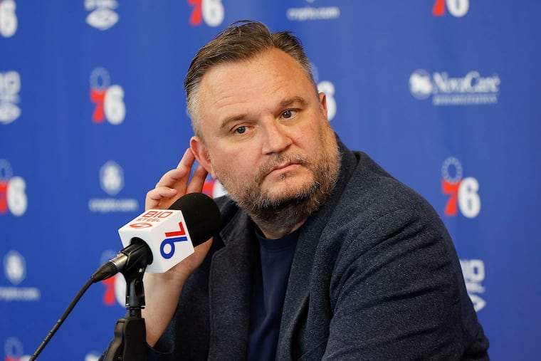 Sixers President Daryl Morey listens to questions from the media at the Sixers Training Complex in Camden on Friday, May 13, 2022.