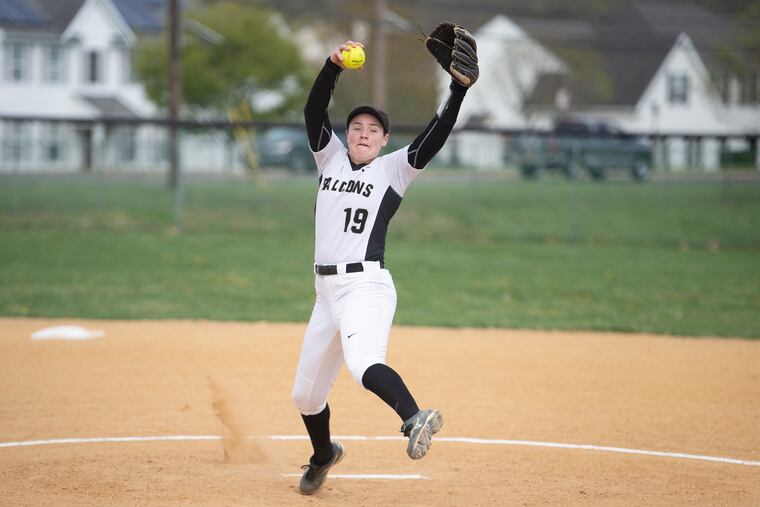 Burlington Twp High School, Bailey Enoch throws during a game against Bordentown High School. Thursday, April 18, 2019.