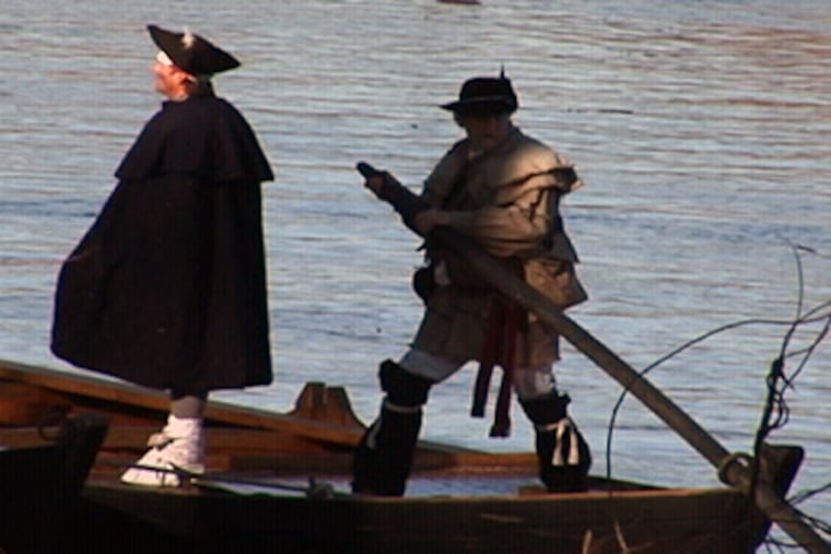 Actors portray a colonial soldier and a boatman in a trailer for the film "America's First D-Day - Washington Crossing."