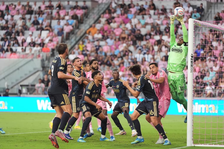 Philadelphia Union goalkeeper Andre Blake (18) deflects a corner kick from Inter Miami forward Lionel Messi during the first half of an MLS soccer match, Sunday, May 24, 2026, in Miami.