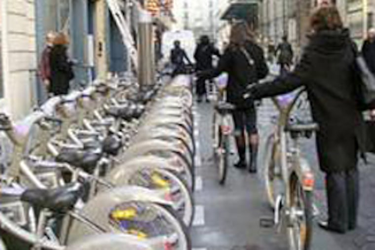 A street scene in France where bike sharing has become reality.