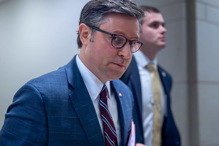 House Speaker Mike Johnson (R., La.) arrives to meet with reporters following a closed-door GOP strategy session at the Capitol in Washington on Tuesday.