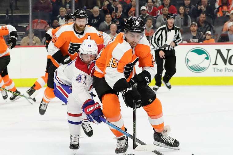 Matt Niskanen (right), going after the puck against Montreal's Paul Byron, has been one of the Flyers' best defensemen.