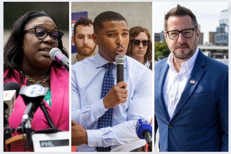 Candidates for Philadelphia City Council, from left: Democratic Councilmember Kendra Brooks, Democrat Nicolas O'Rourke, and Republican Drew Murray. They have attacked each other on national issues as the heated race enters its final days. Republican Jim Hasher is also competing with them for two at-large seats on Council.