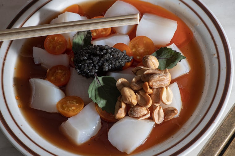 Scallop crudo with caviar, peanuts, holy basil, and sungolds at Sao, 1710 E. Passyunk Ave.