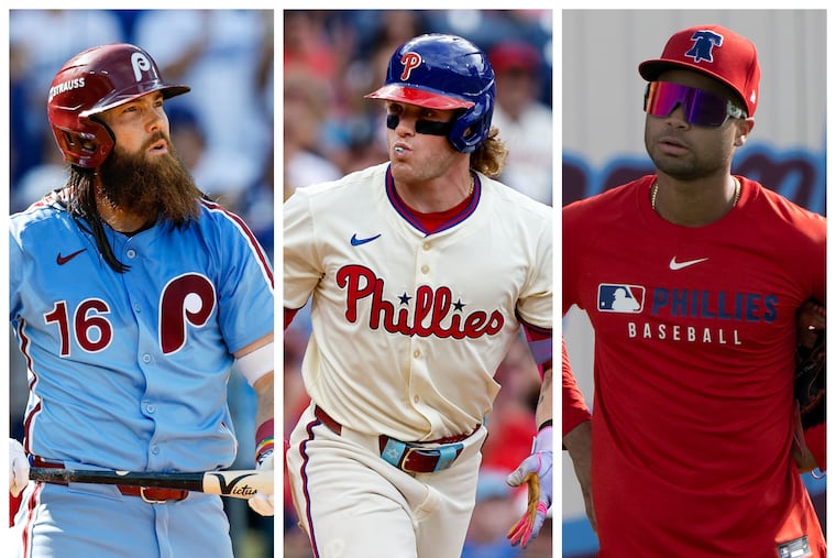 From left: outfielders Brandon Marsh, Harrison Bader, and Justin Crawford