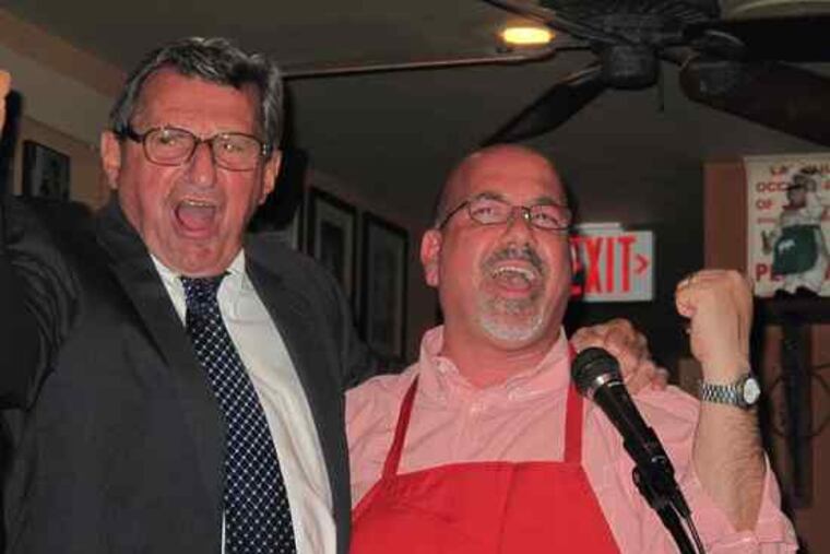 Trading playbook for songbook, Penn State icon Joe Paterno sings with restaurateur Franco Borda in South Philly. (See "Blue . . .")