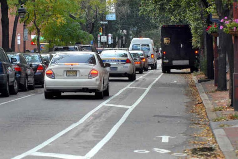 A delivery truck blocks the Spruce Street bike lane (right) near Pennsylvania Hospital in Society Hill.