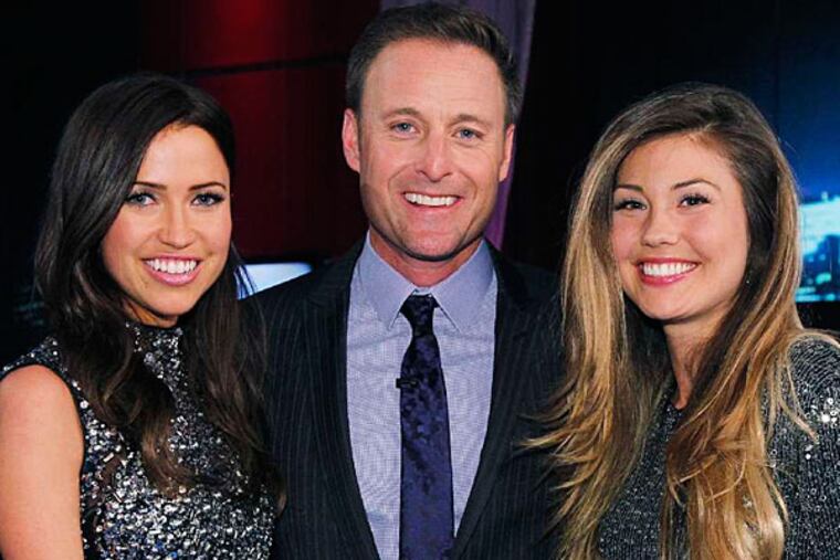 "Bachelorette's Kaitlyn Bristowe (left) and Britt Nilsson with host Chris Harrison. (ABC)