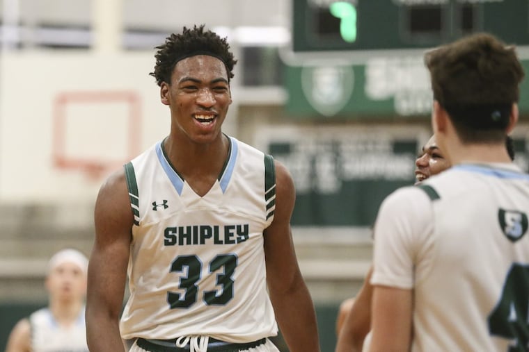Ray Somerville (33) celebrates a second-quarter dunk with his Shipley teammates in Tuesdays 68-61 victory over visiting Friends’ Central.