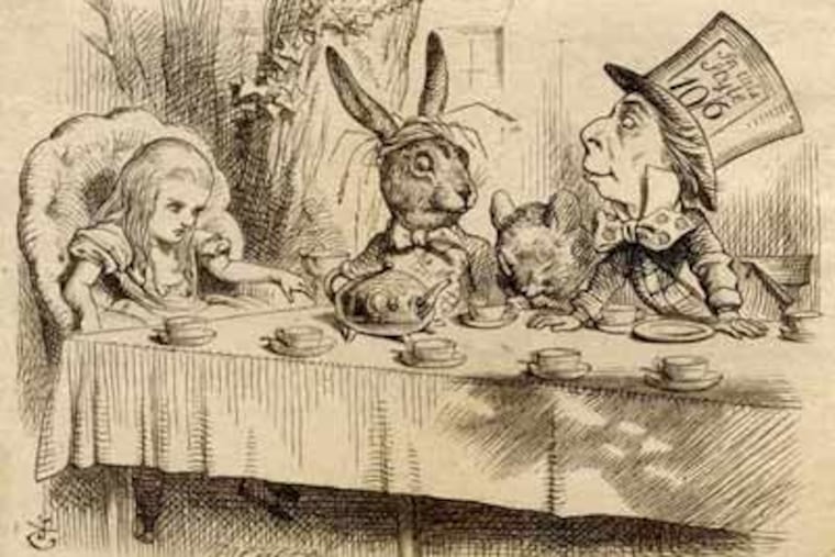 John Tenniel's wood engraving on paper, "Why is a Raven Like a Writing Desk?" (1865), is at the Rosenbach Museum & Library.