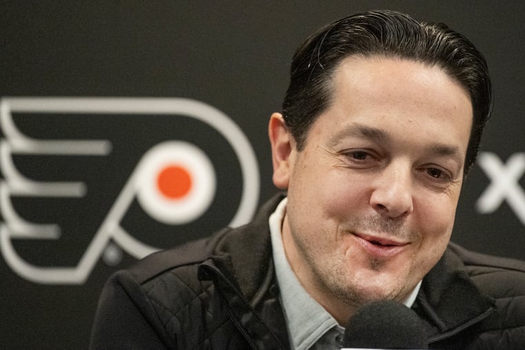 Flyers general manager Danny Brière speaks to the media during an end-of-season news conference earlier this month.