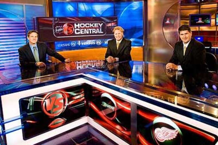 On-air personalities Bill Patrick, Brian Engblom and Keith Jones film in the Versus studio. Versus, the Comcast sports channel, moved to Philadelphia this year and is making headway in attracting a younger audience.