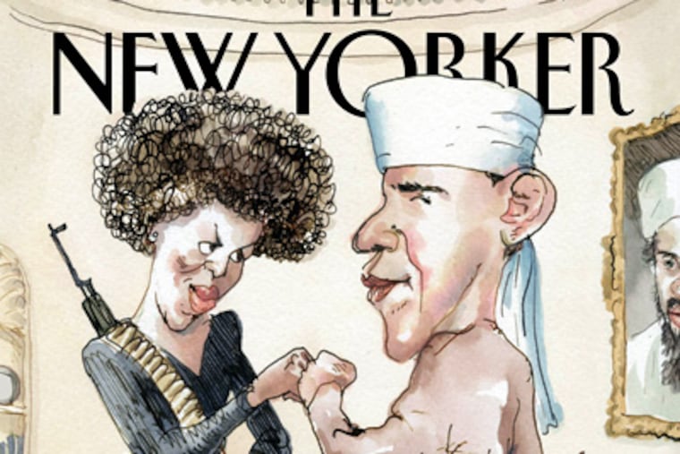 The cover illustration in the July 21, 2008, issue of The New Yorker, depicts Barack Obama dressed as a Muslim and his wife as a terrorist. The magazine says the cover is meant as satire, but the Obama campaign called it "tasteless and offensive." (AP Photo/New Yorker)