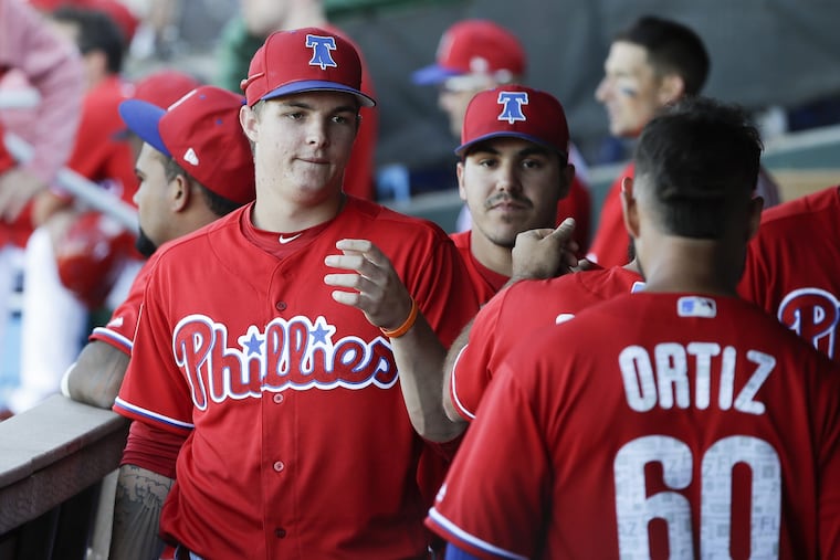 Mickey Moniak, pictured at spring training, tripled in high-A Clearwater's 7-3 win over Lakeland Monday.